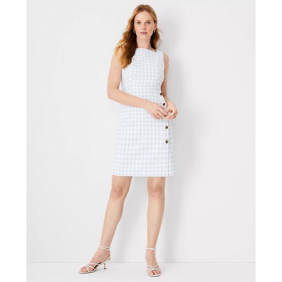 🆕 ANN TAYLOR | White Blue Plaid Preppy Button Trim Sheath Midi Dress | 8 - Picture 1 of 8